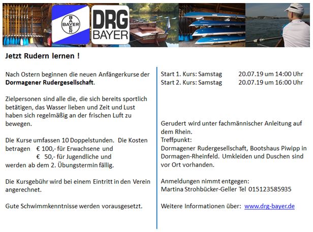 Neue Ruderkurse  im Sommer 2019