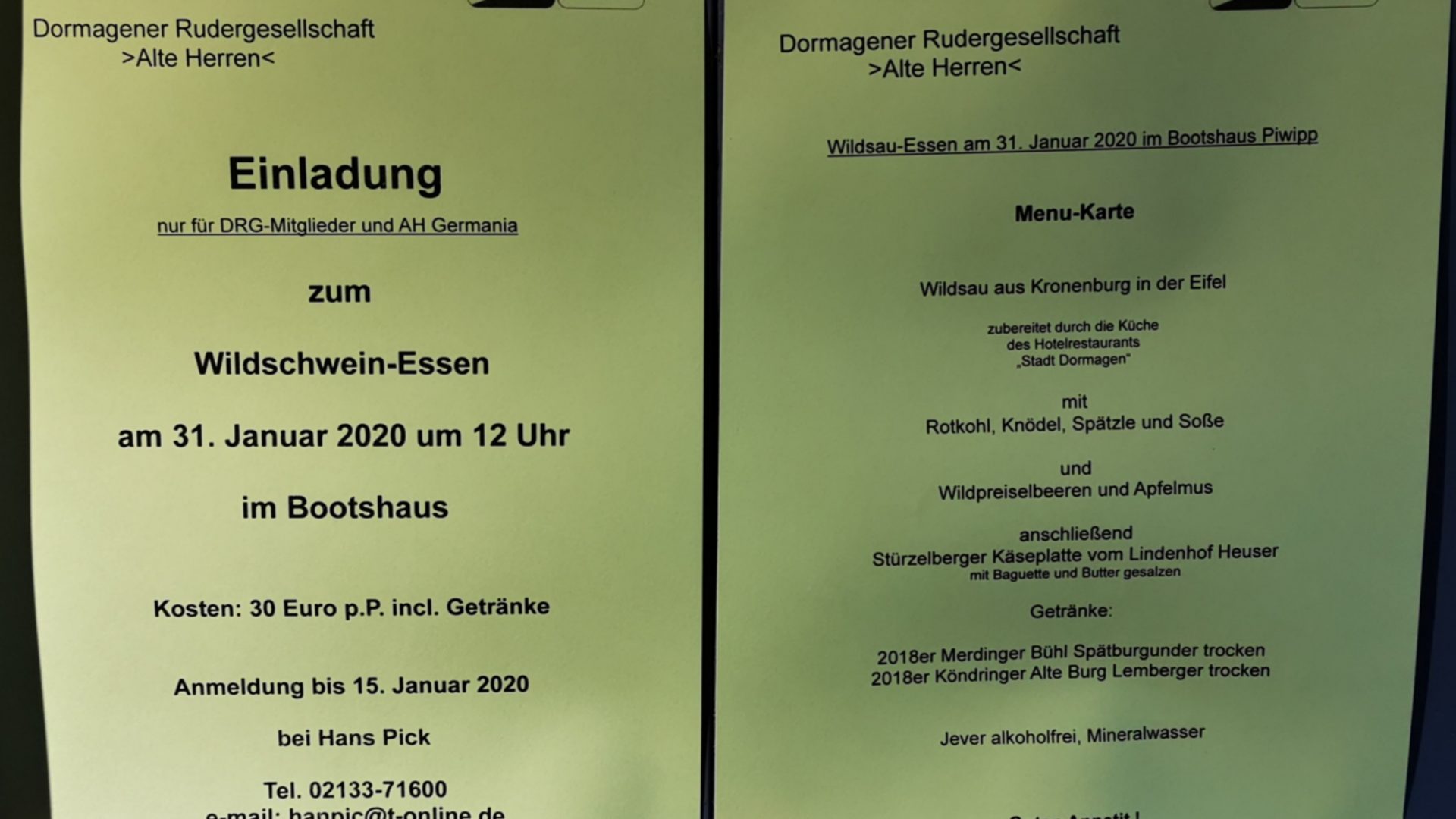 Wildschwein-Essen am 31. Januar 2020 um 12 Uhr im Bootshaus