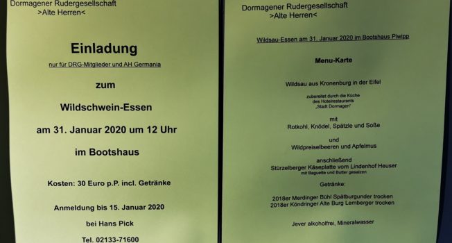Wildschwein-Essen am 31. Januar 2020 um 12 Uhr im Bootshaus