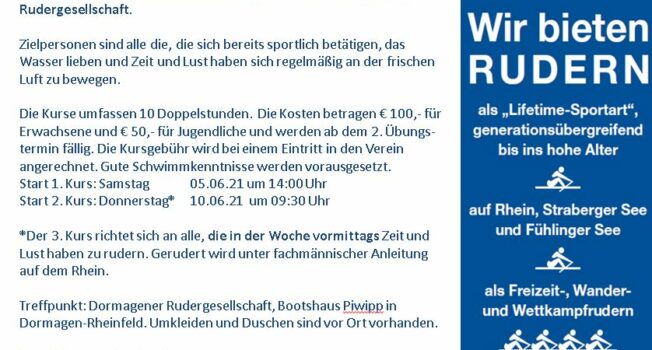 Es gibt noch Restplätze: Jetzt Rudern lernen ! Neue Anfängerkurse beginnen ab dem 05.06.2021