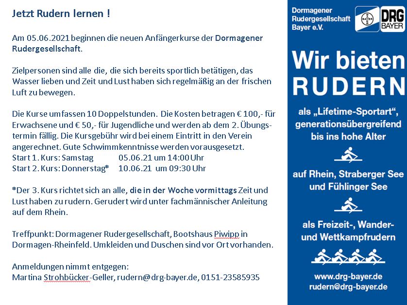 Es gibt noch Restplätze: Jetzt Rudern lernen ! Neue Anfängerkurse beginnen ab dem 05.06.2021