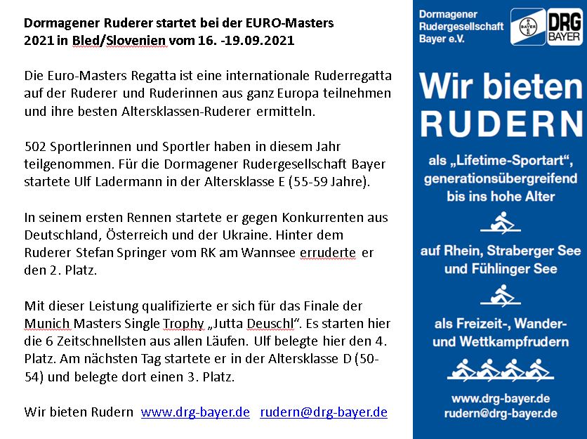 Dormagener Ruderer auf der EURO Masters Regatta 2021 in Bled/Slovenien