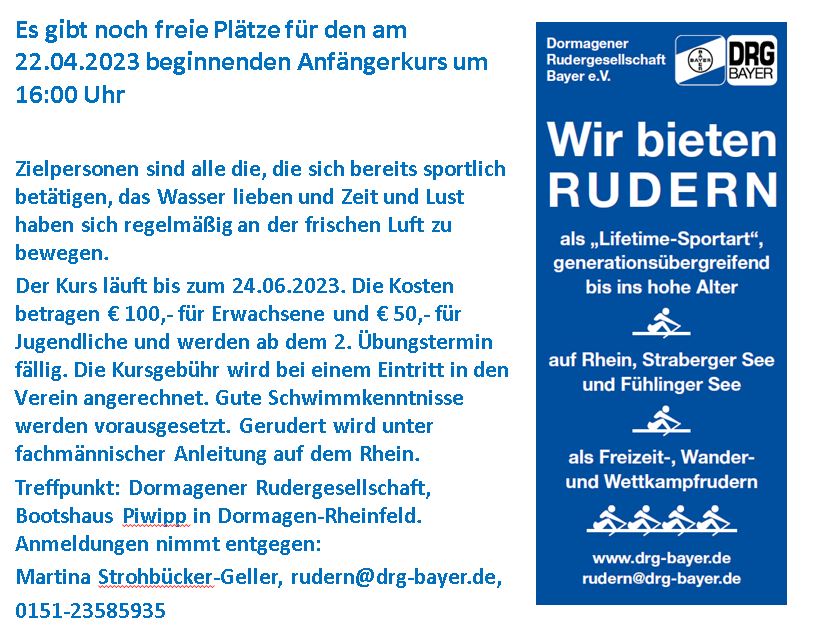 Es gibt noch freie Plätze für den am 22.04.2023 beginnenden Anfängerkurs um 16:00 Uhr